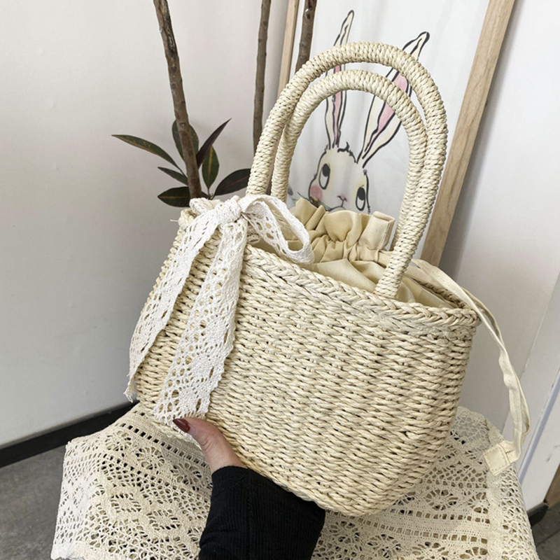 Bow Stringer Tool - Women Straw Woven Drawstring Handbag Girls